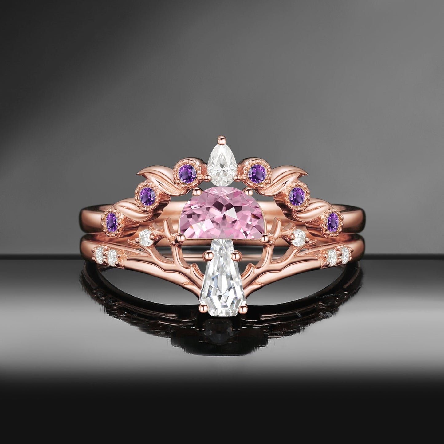 Tree of Life – Nature Inspired Half Moon Lab Pink Sapphire & Coffin Moissanite Mushroom Engagement Ring Set