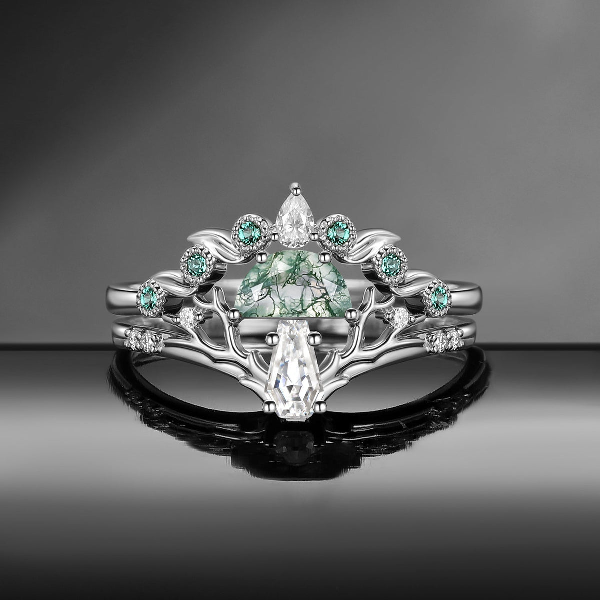 Tree of Life - Nature Inspired Half Moon Moss Agate + Coffin Cut Moissanite Mushroom Engagement Ring Set with Tree-Branch Inspired Band