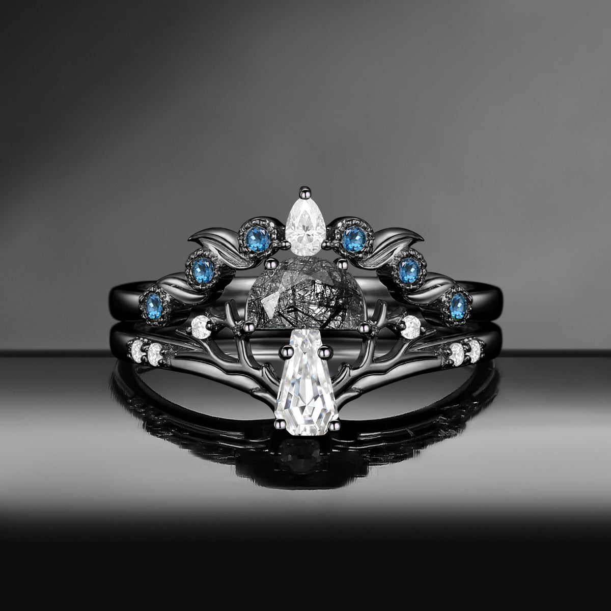 Tree of Life – Nature Inspired Half Moon Lab Pink Sapphire & Coffin Moissanite Mushroom Engagement Ring Set