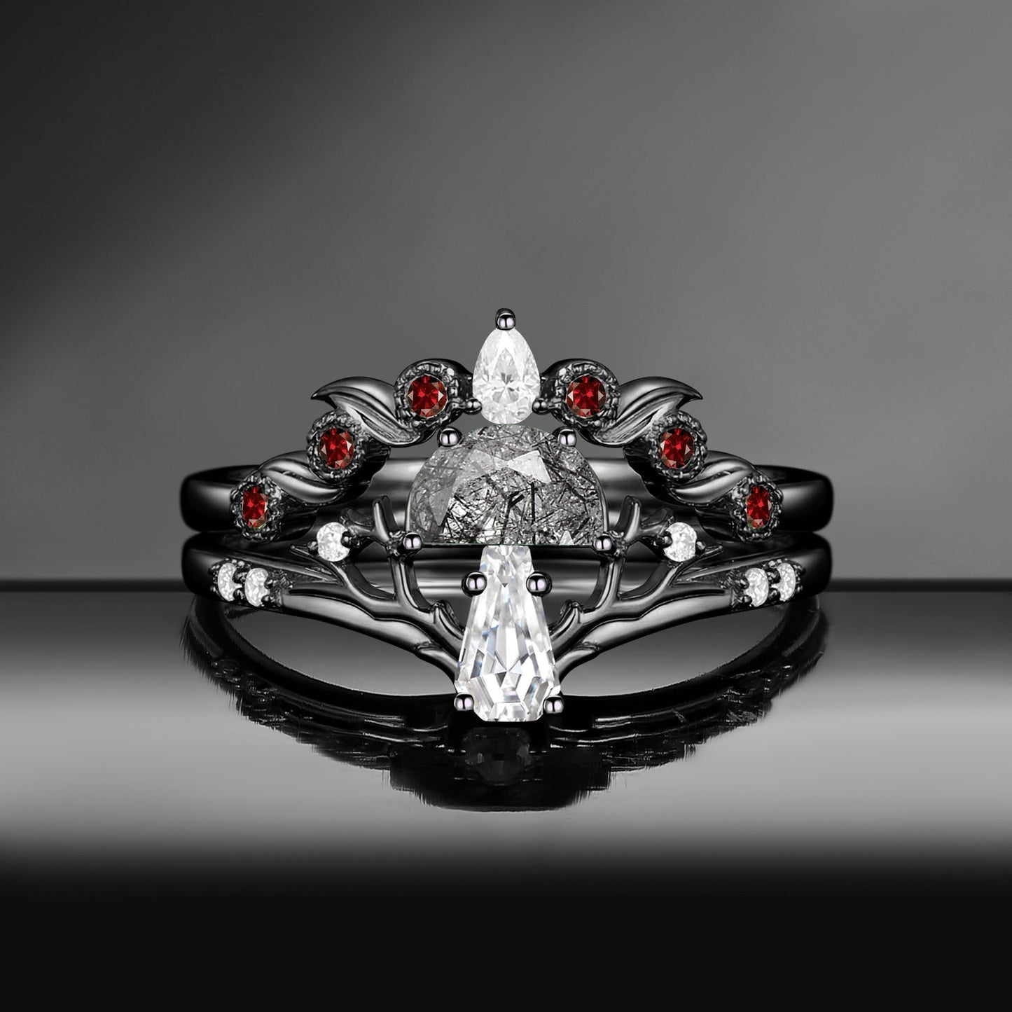 Tree of Life – Nature Inspired Half Moon Black Rutilated Quartz & Coffin Moissanite Mushroom Engagement Ring Set