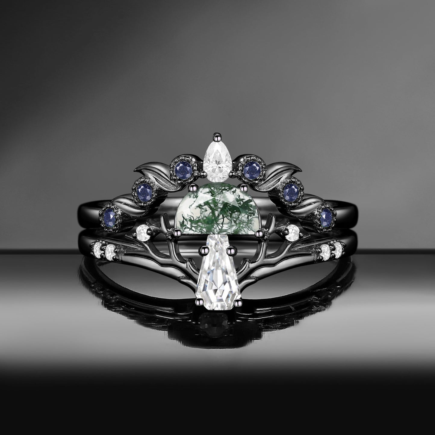 Tree of Life - Nature Inspired Half Moon Moss Agate + Coffin Cut Moissanite Mushroom Engagement Ring Set with Tree-Branch Inspired Band