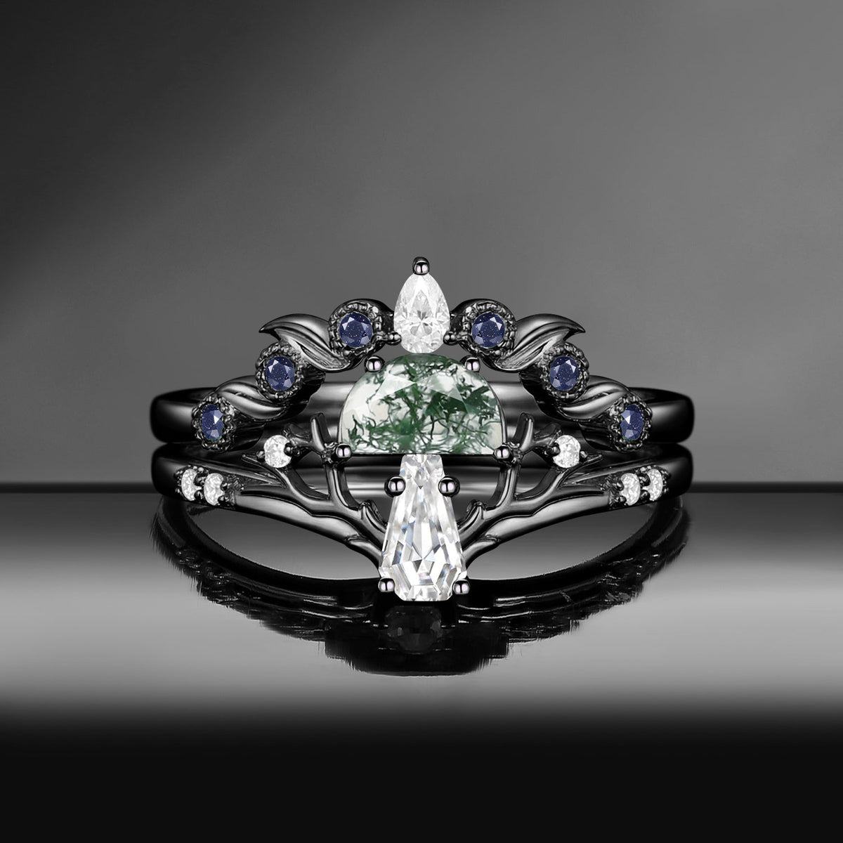 Tree of Life – Nature Inspired Half Moon Lab Pink Sapphire & Coffin Moissanite Mushroom Engagement Ring Set