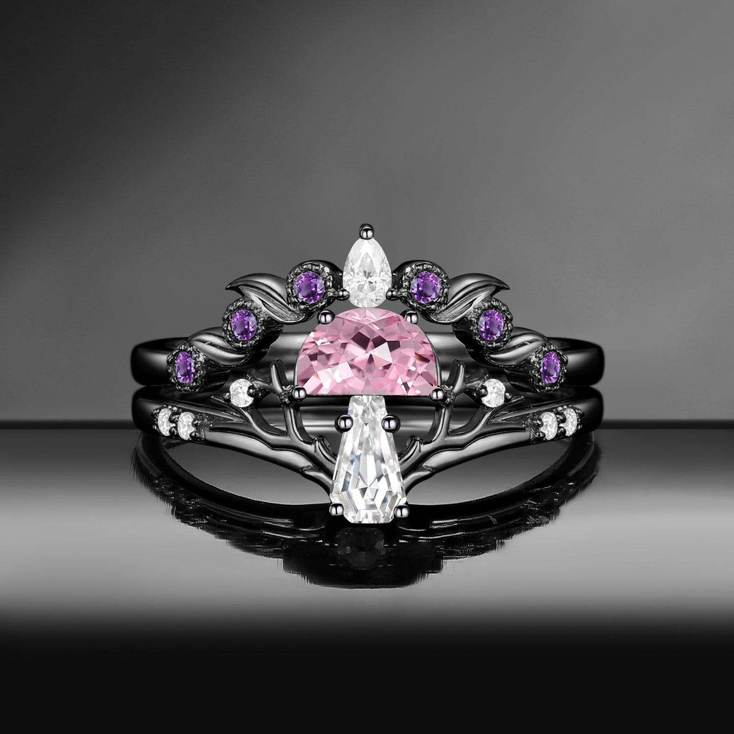 Tree of Life – Nature Inspired Half Moon Lab Pink Sapphire & Coffin Moissanite Mushroom Engagement Ring Set