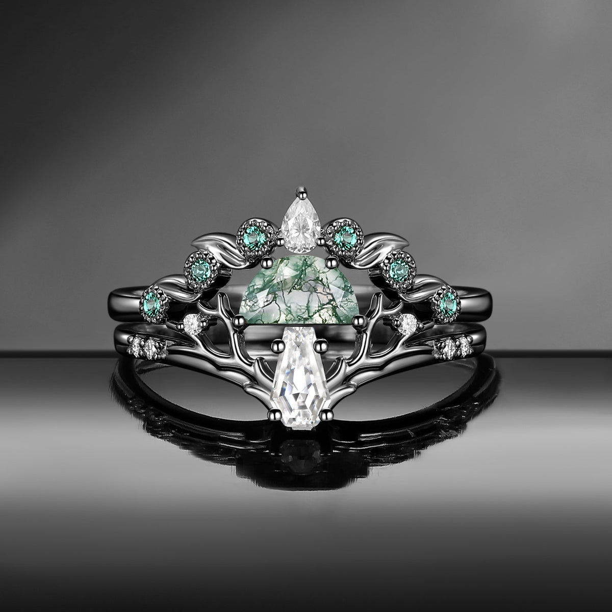 Tree of Life - Nature Inspired Half Moon Moss Agate + Coffin Cut Moissanite Mushroom Engagement Ring Set with Tree-Branch Inspired Band