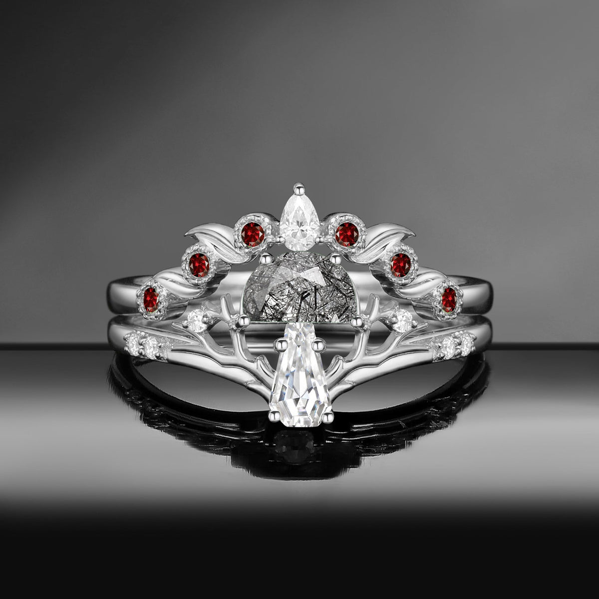 Tree of Life – Nature Inspired Half Moon Black Rutilated Quartz & Coffin Moissanite Mushroom Engagement Ring Set