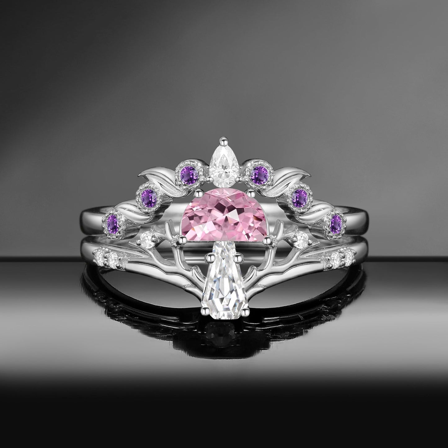 Tree of Life – Nature Inspired Half Moon Lab Pink Sapphire & Coffin Moissanite Mushroom Engagement Ring Set