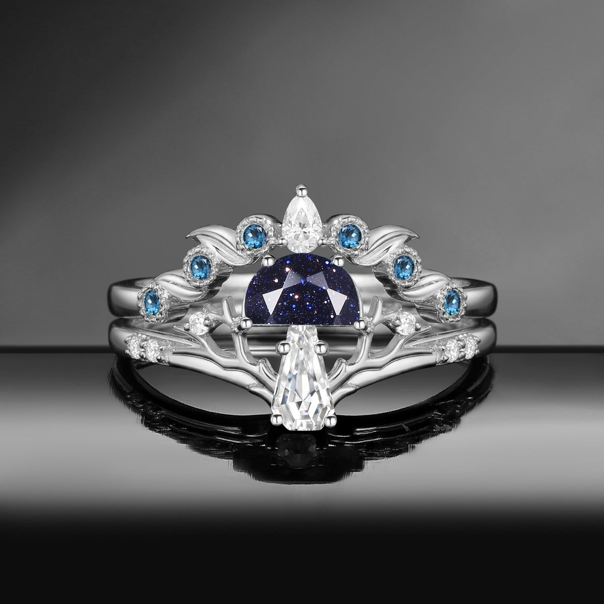 Tree of Life – Nature Inspired Half Moon Lab Pink Sapphire & Coffin Moissanite Mushroom Engagement Ring Set