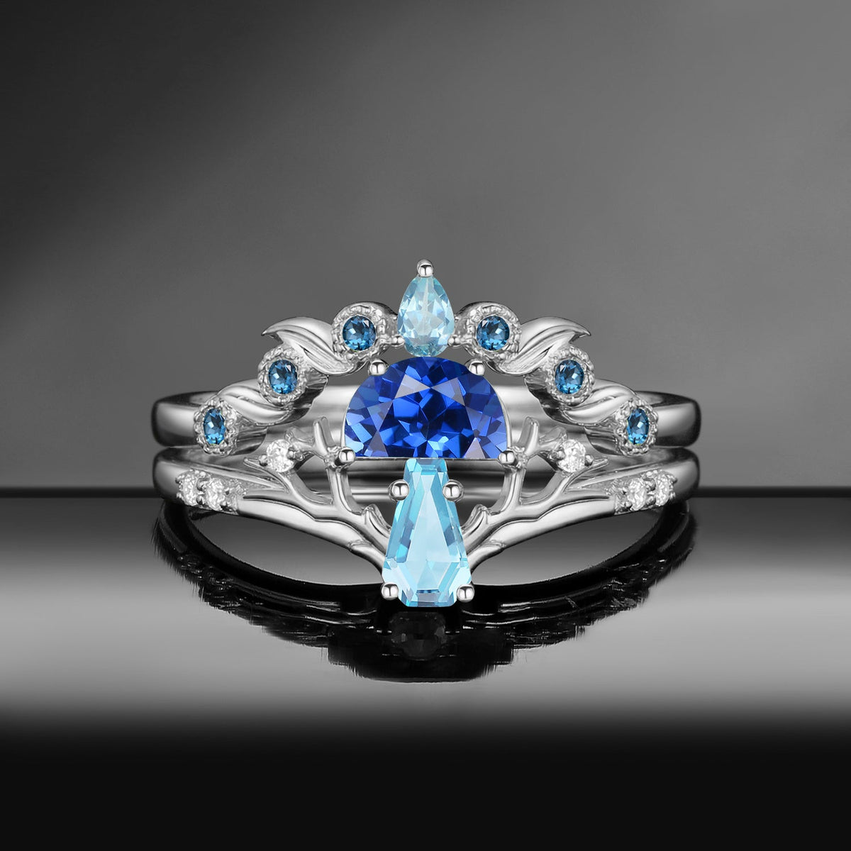 Tree of Life – Nature Inspired Half Moon Lab Pink Sapphire & Coffin Moissanite Mushroom Engagement Ring Set