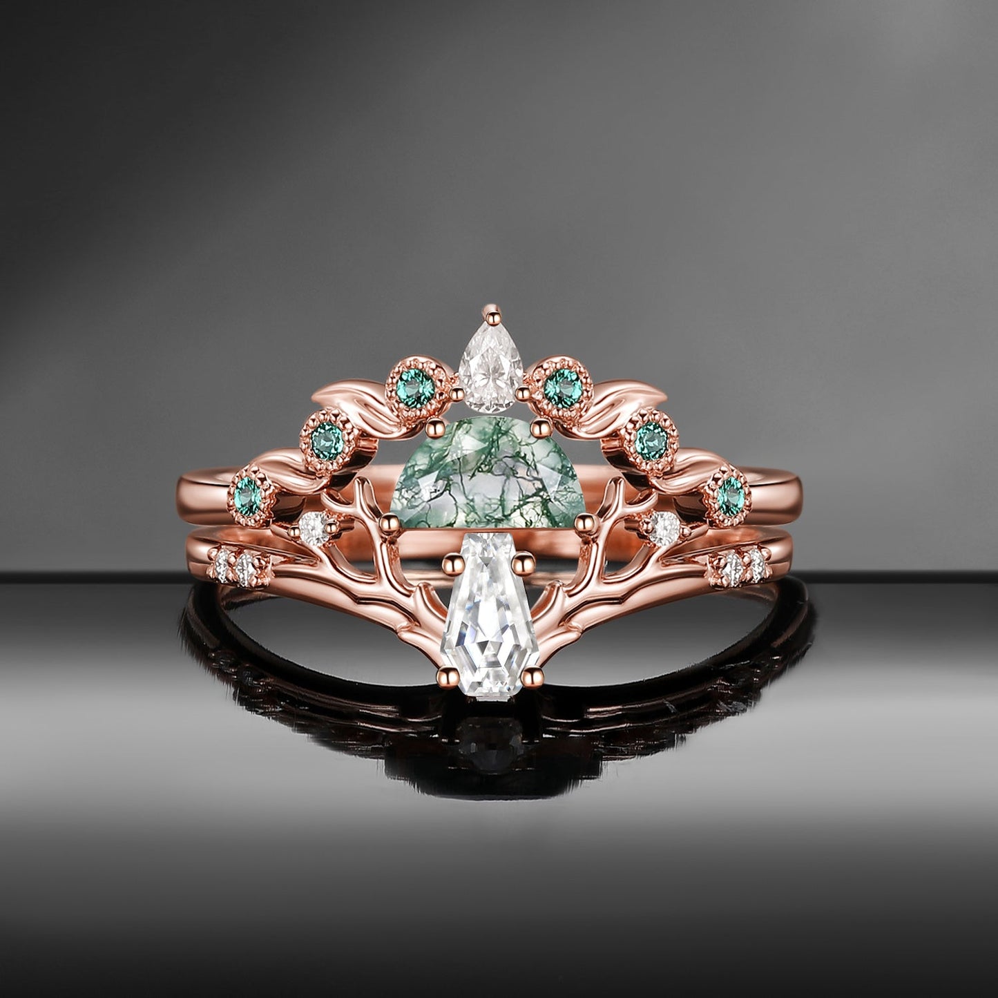 Tree of Life - Nature Inspired Half Moon Moss Agate + Coffin Cut Moissanite Mushroom Engagement Ring Set with Tree-Branch Inspired Band
