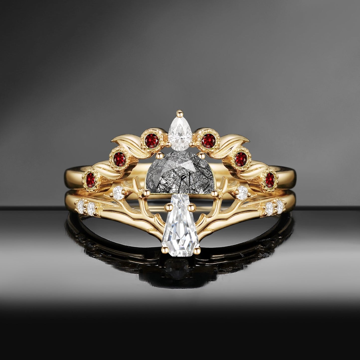 Tree of Life – Nature Inspired Half Moon Black Rutilated Quartz & Coffin Moissanite Mushroom Engagement Ring Set