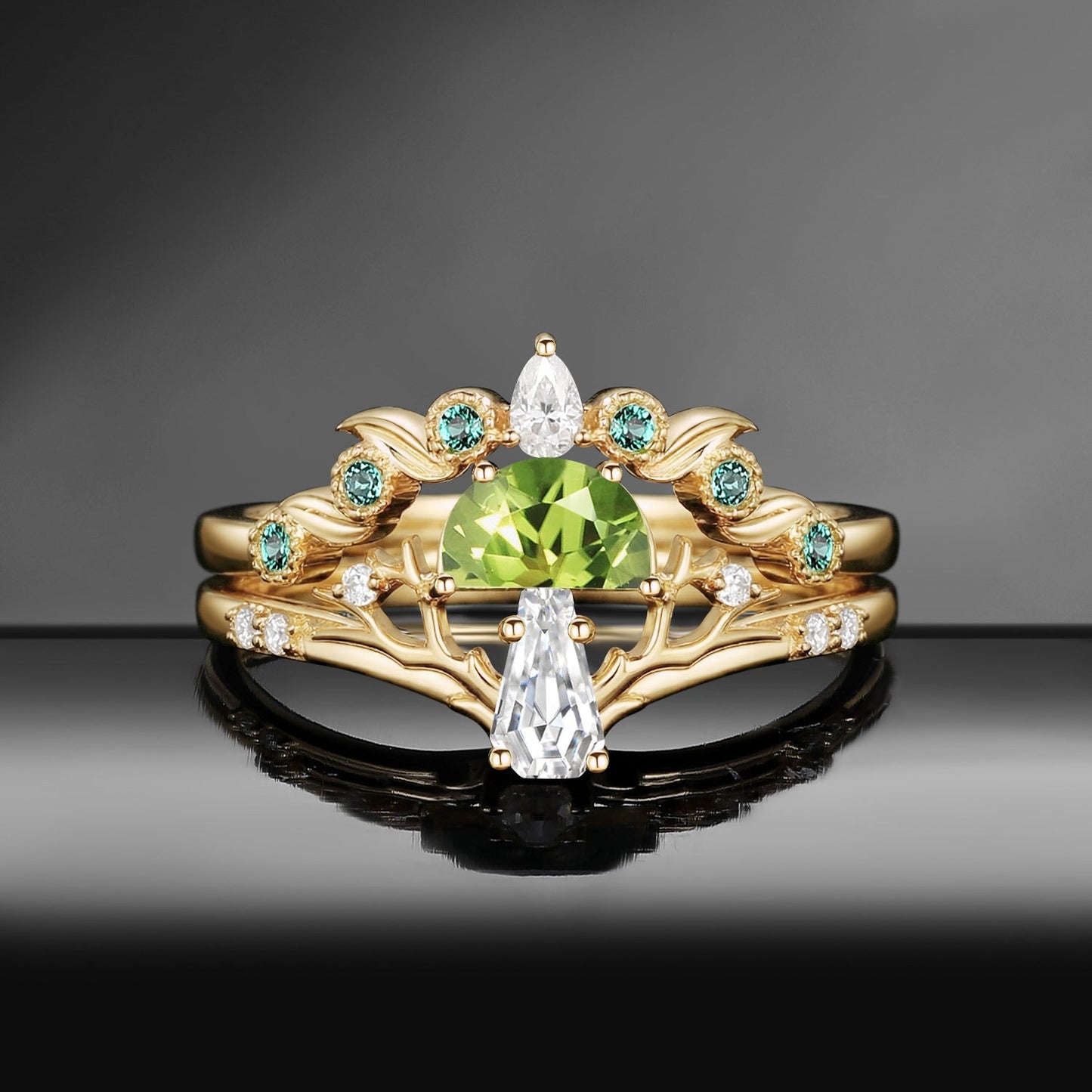 Tree of Life – Nature Inspired Half Moon Garnet & Coffin Moissanite Mushroom Engagement Ring Set