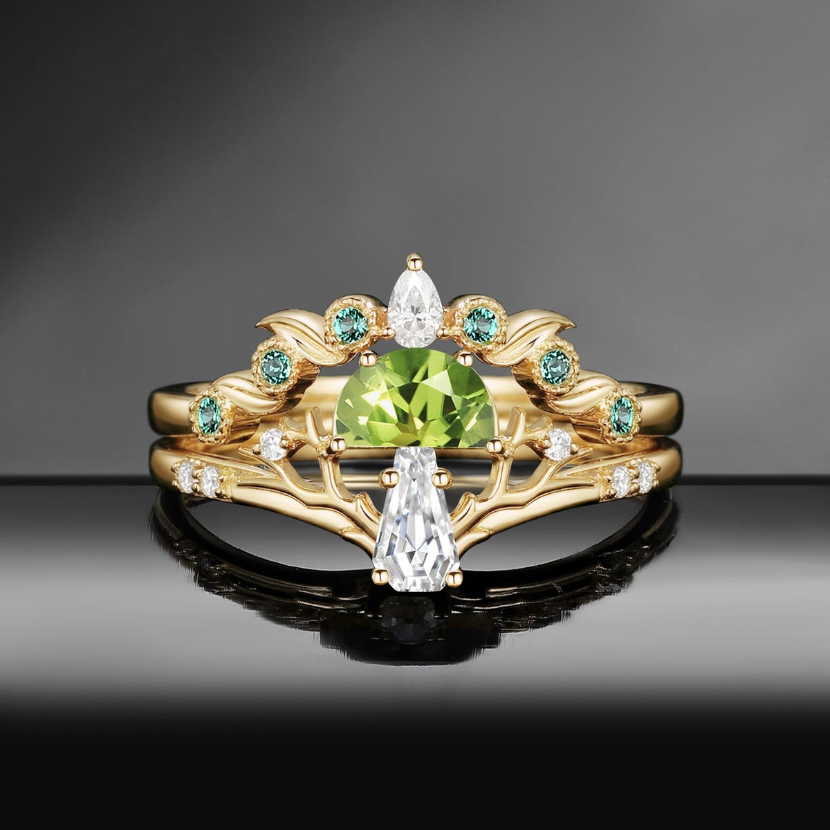 Tree of Life – Nature Inspired Half Moon Lab Pink Sapphire & Coffin Moissanite Mushroom Engagement Ring Set