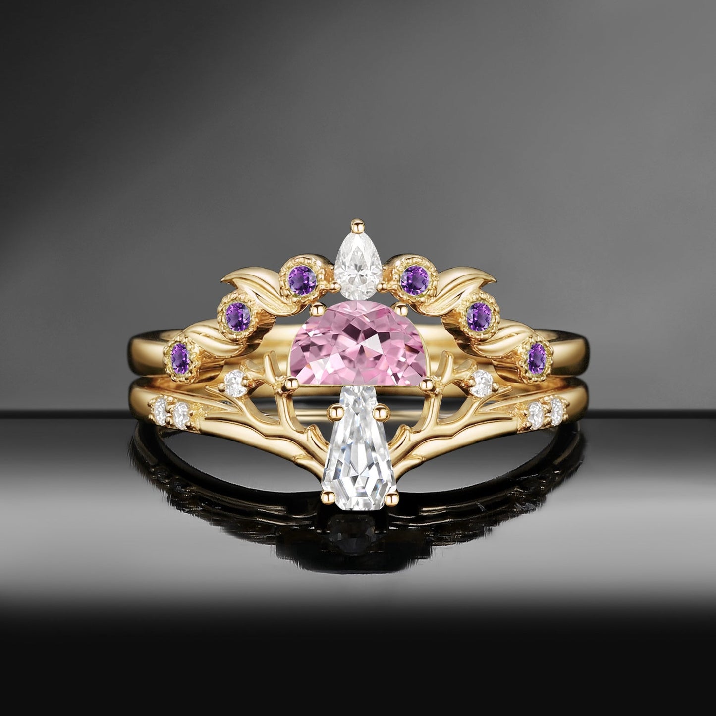 Tree of Life – Nature Inspired Half Moon Lab Pink Sapphire & Coffin Moissanite Mushroom Engagement Ring Set
