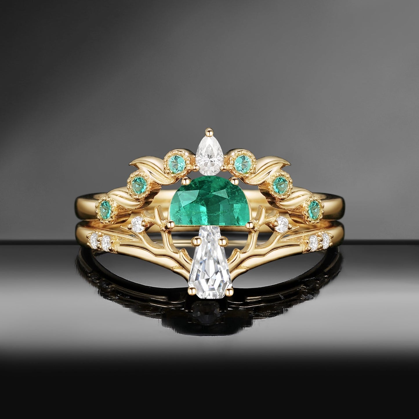 Tree of Life - Nature Inspired Half Moon Moss Agate + Coffin Cut Moissanite Mushroom Engagement Ring Set with Tree-Branch Inspired Band