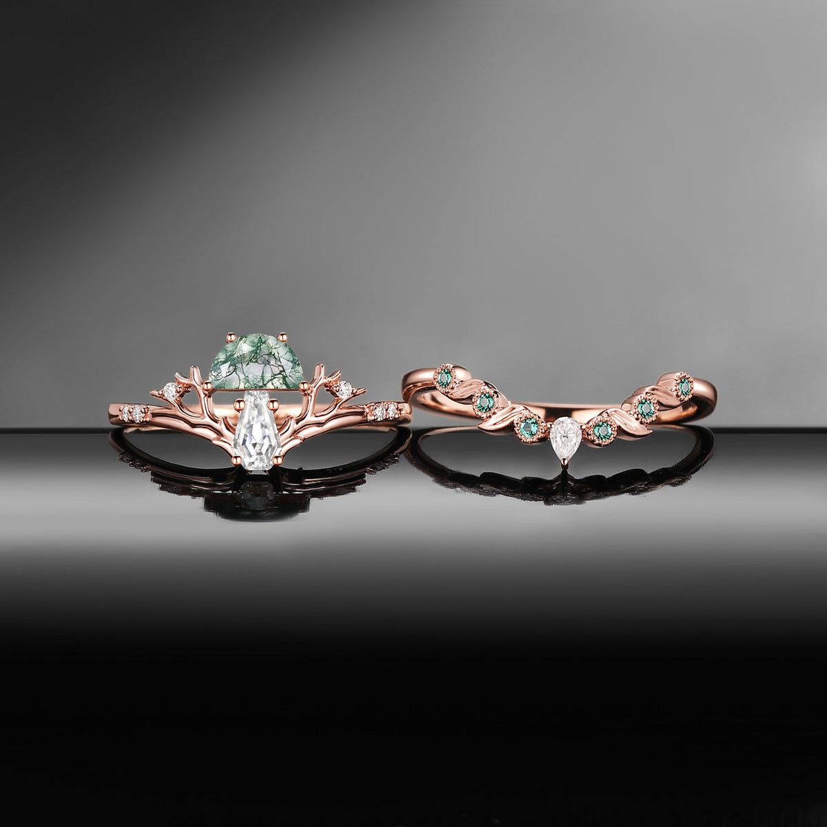 Tree of Life - Nature Inspired Half Moon Moss Agate + Coffin Cut Moissanite Mushroom Engagement Ring Set with Tree-Branch Inspired Band