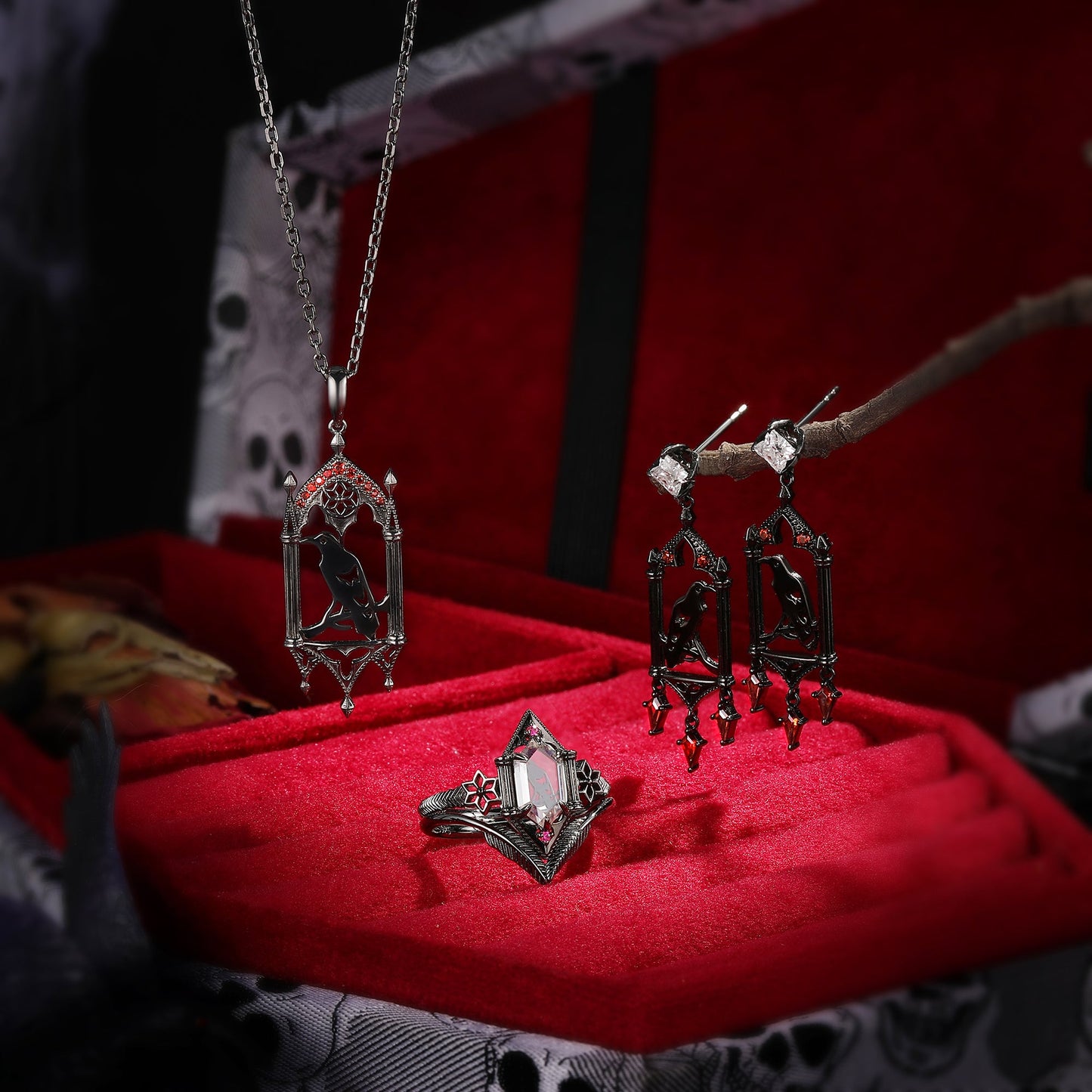 Unique Gothic Style 'Caged Bird' Inspired Halloween Jewelry Set - The Caged Crow Collection