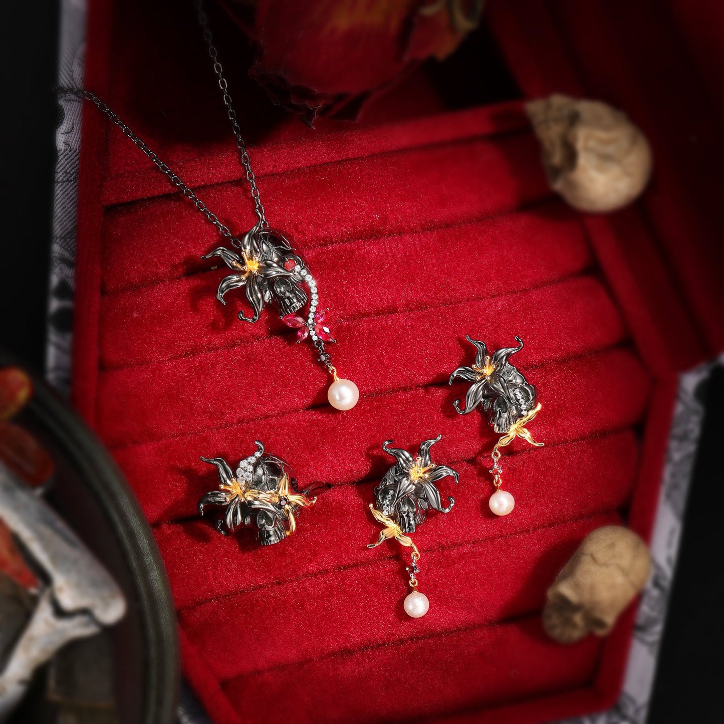 Unique Gothic Style Flower Inspired Skull & Skeleton Two-Tone Halloween Jewelry Set - The Crying Skull Collection