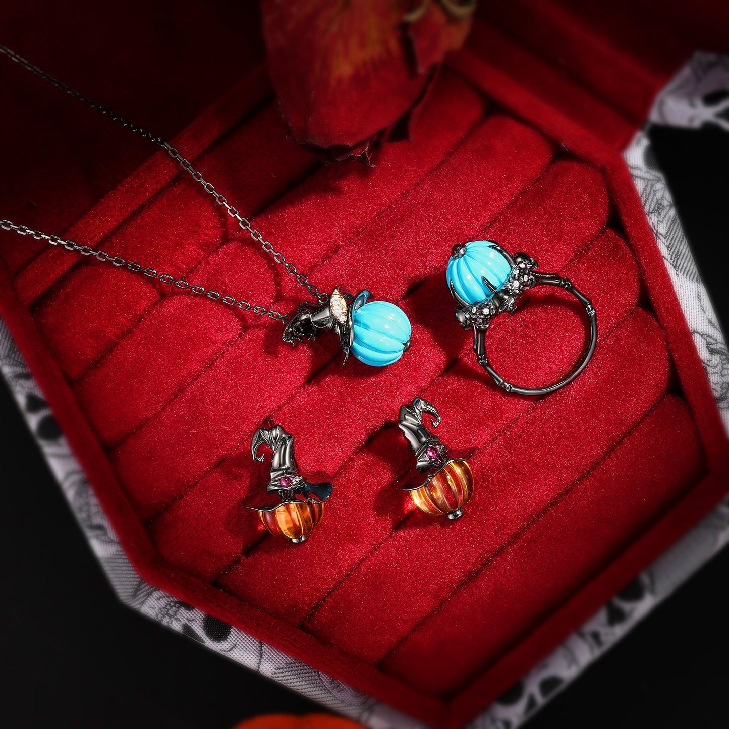 Gothic Style Unique Pumpkin Shaped Turquoise & Citrine Halloween Jewelry Set - The Pumpkin Collection