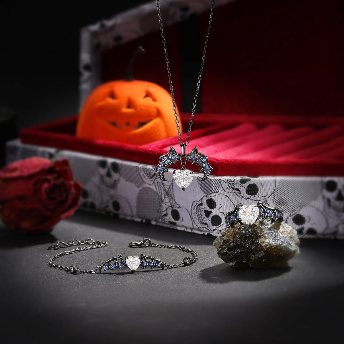 Unique Gothic Style Bat Wing Inspired Heart Shaped Moissanite Black Gold Halloween Jewelry Set - The Bat Collection