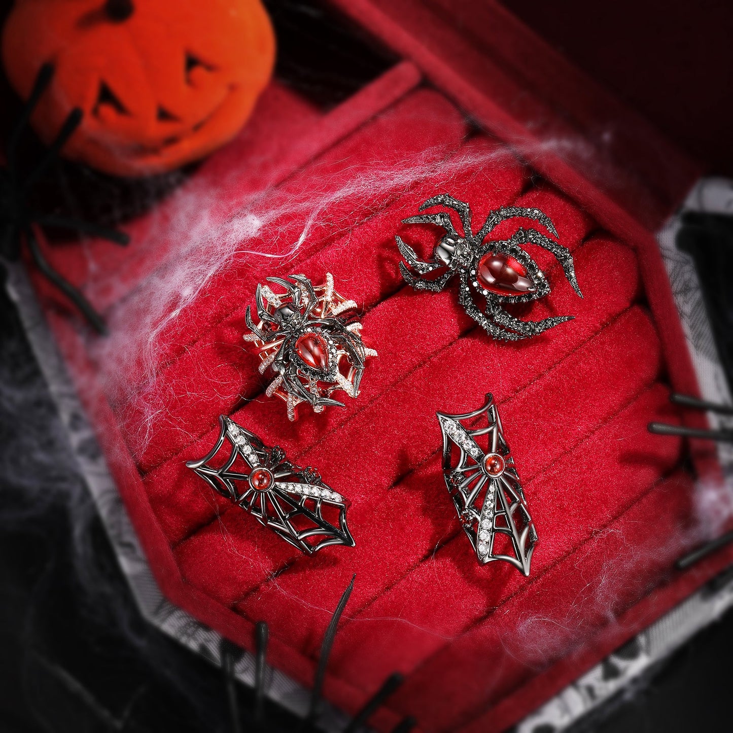 Gothic Spider Inspired Pear Shaped Garnet 'Disturbia Deluxe' Web Halloween Jewelry Set - The Deluxe Spider Collection