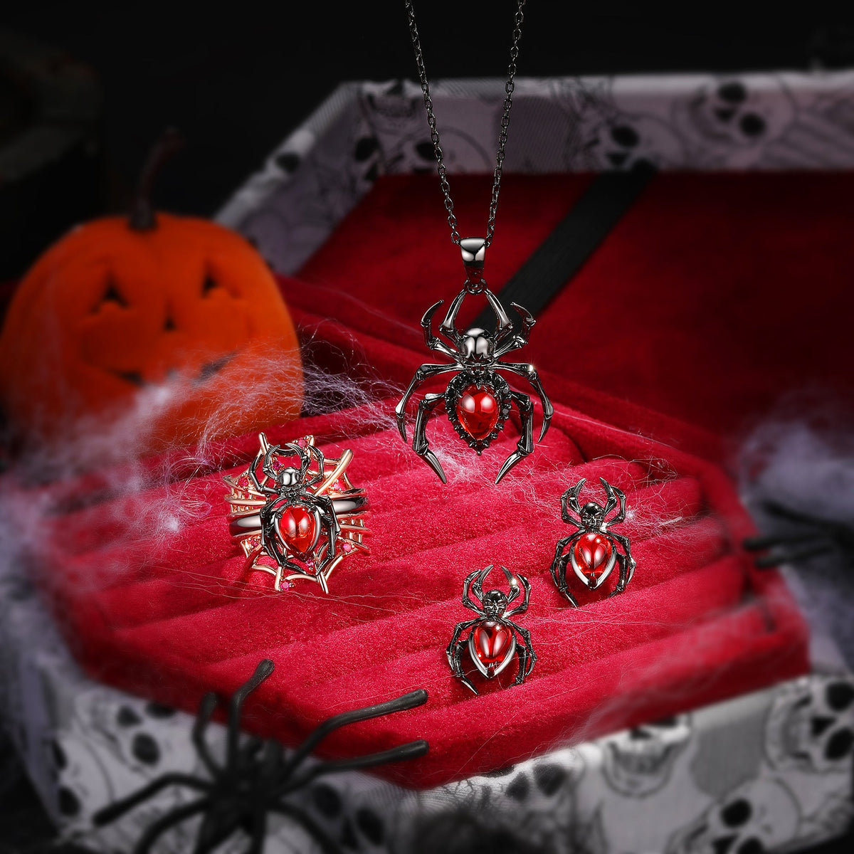 Gothic Spider Inspired Pear Shaped Garnet 'Disturbia' Halloween Jewelry Set - The Spider Collection