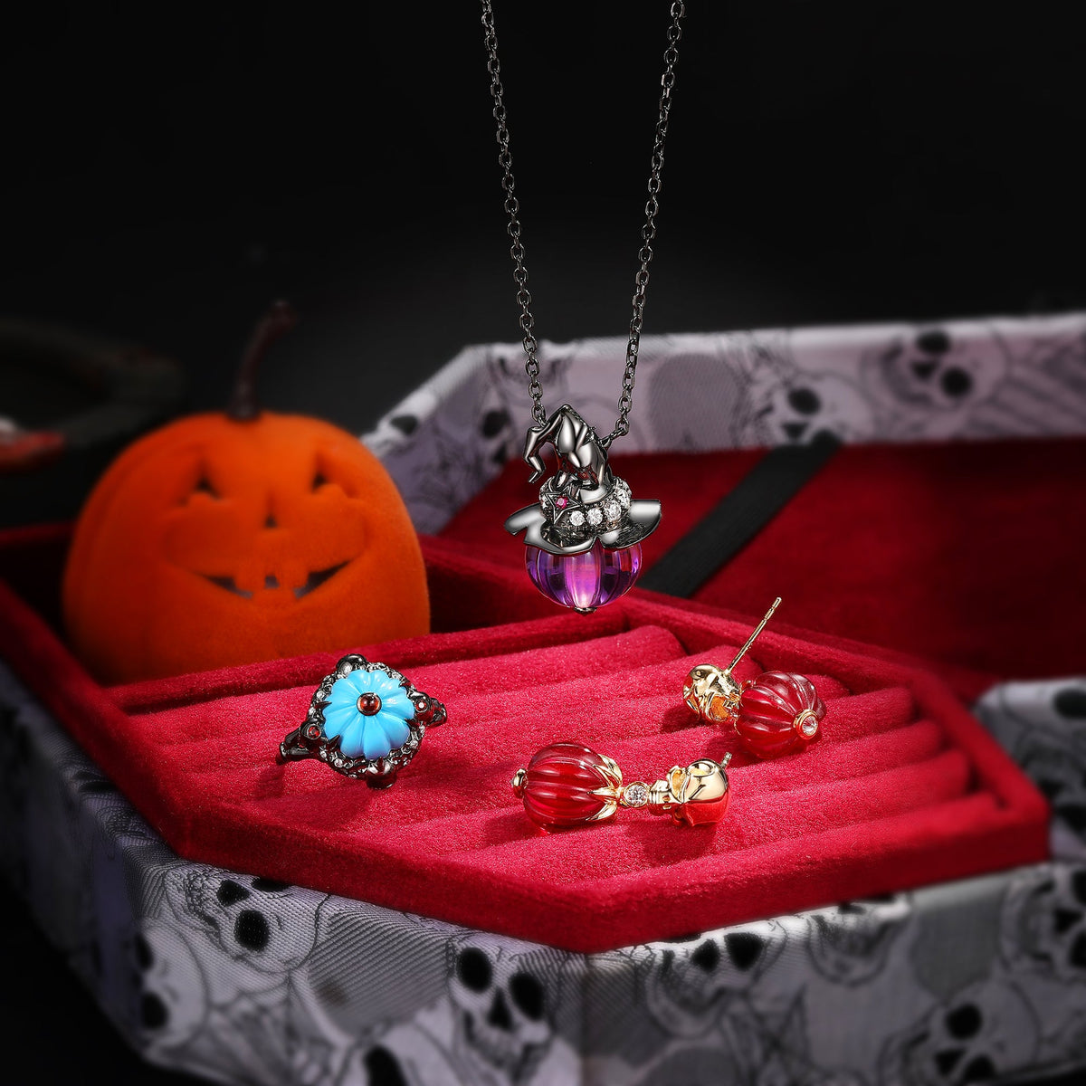 Gothic Style Unique Pumpkin & Skull Inspired Gemstone Halloween Jewelry Set - The Pumpkin Deluxe Collection