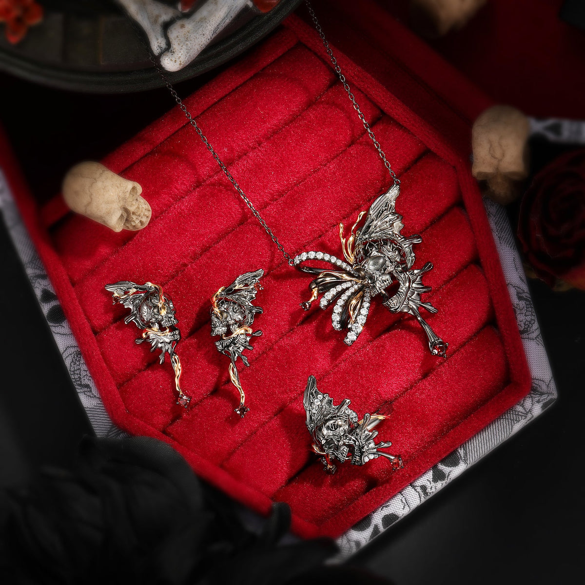Unique Gothic Style Skull & Skeleton Butterfly Inspired Two-Tone Halloween Jewelry Set - The Ultimate Skull Collection