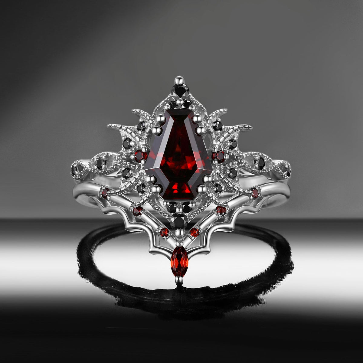 'Bat Romance' - Gothic Coffin Cut Garnet Engagement Ring Set with Bat Wing Milgrain in Black Gold-Bat Ring