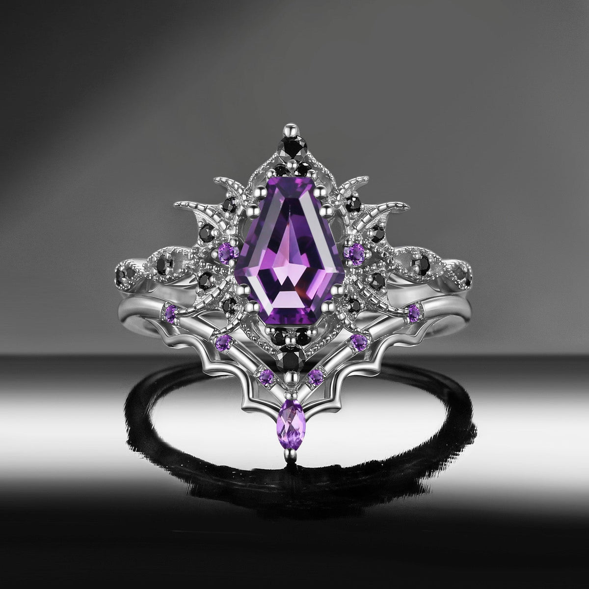 'Bat Romance' - Gothic Coffin Cut Garnet Engagement Ring Set with Bat Wing Milgrain in Black Gold-Bat Ring