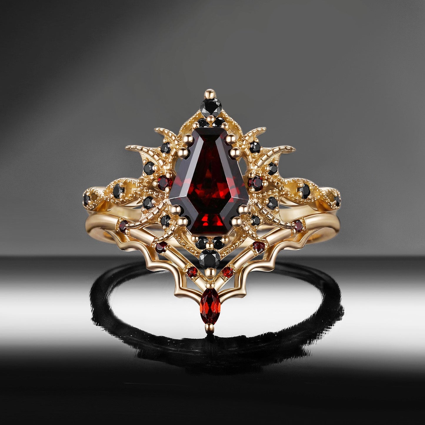 'Bat Romance' - Gothic Coffin Cut Garnet Engagement Ring Set with Bat Wing Milgrain in Black Gold-Bat Ring
