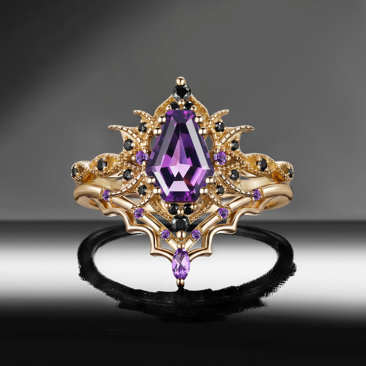 'Bat Romance' - Gothic Coffin Cut Amethyst Milgrain Engagement Ring Set in Black Gold