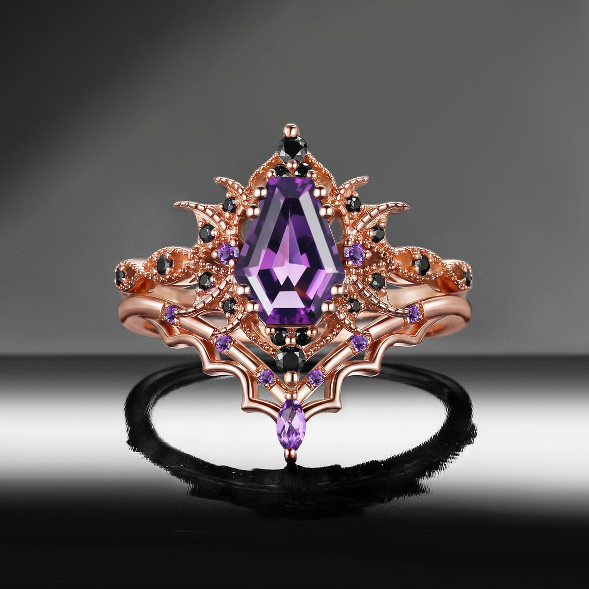 'Bat Romance' - Gothic Coffin Cut Garnet Engagement Ring Set with Bat Wing Milgrain in Black Gold-Bat Ring