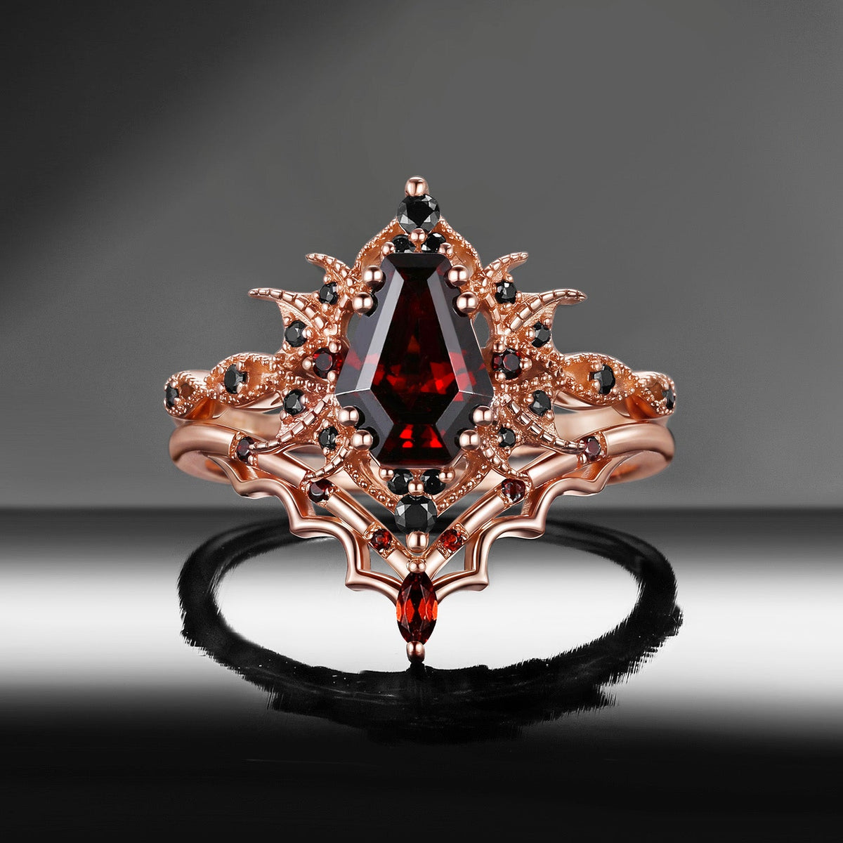 'Bat Romance' - Gothic Coffin Cut Garnet Engagement Ring Set with Bat Wing Milgrain in Black Gold-Bat Ring