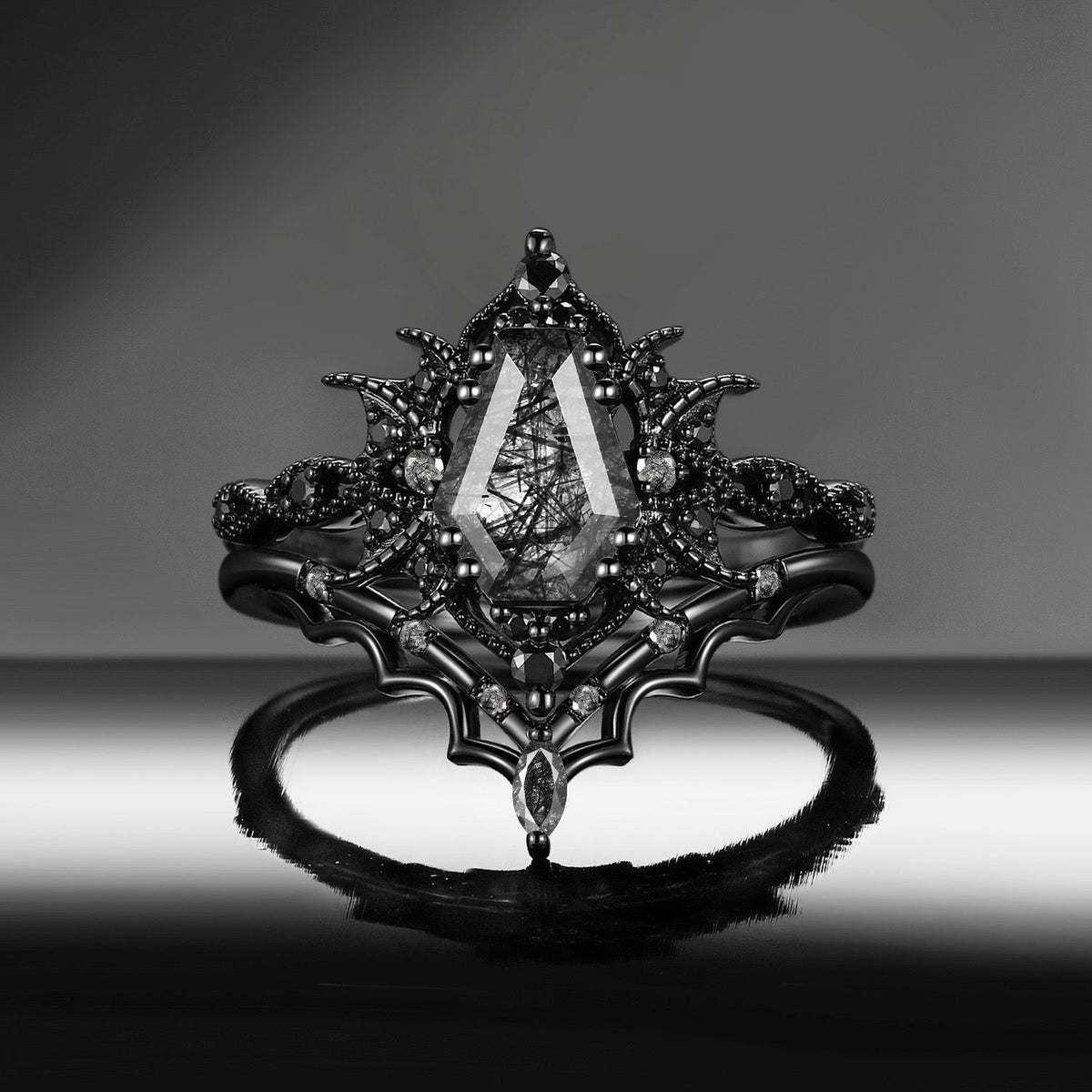'Bat Romance' - Gothic Coffin Cut Amethyst Milgrain Engagement Ring Set in Black Gold