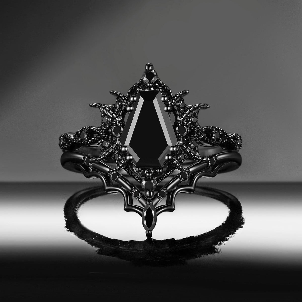 'Bat Romance' - Gothic Coffin Cut Garnet Engagement Ring Set with Bat Wing Milgrain in Black Gold-Bat Ring