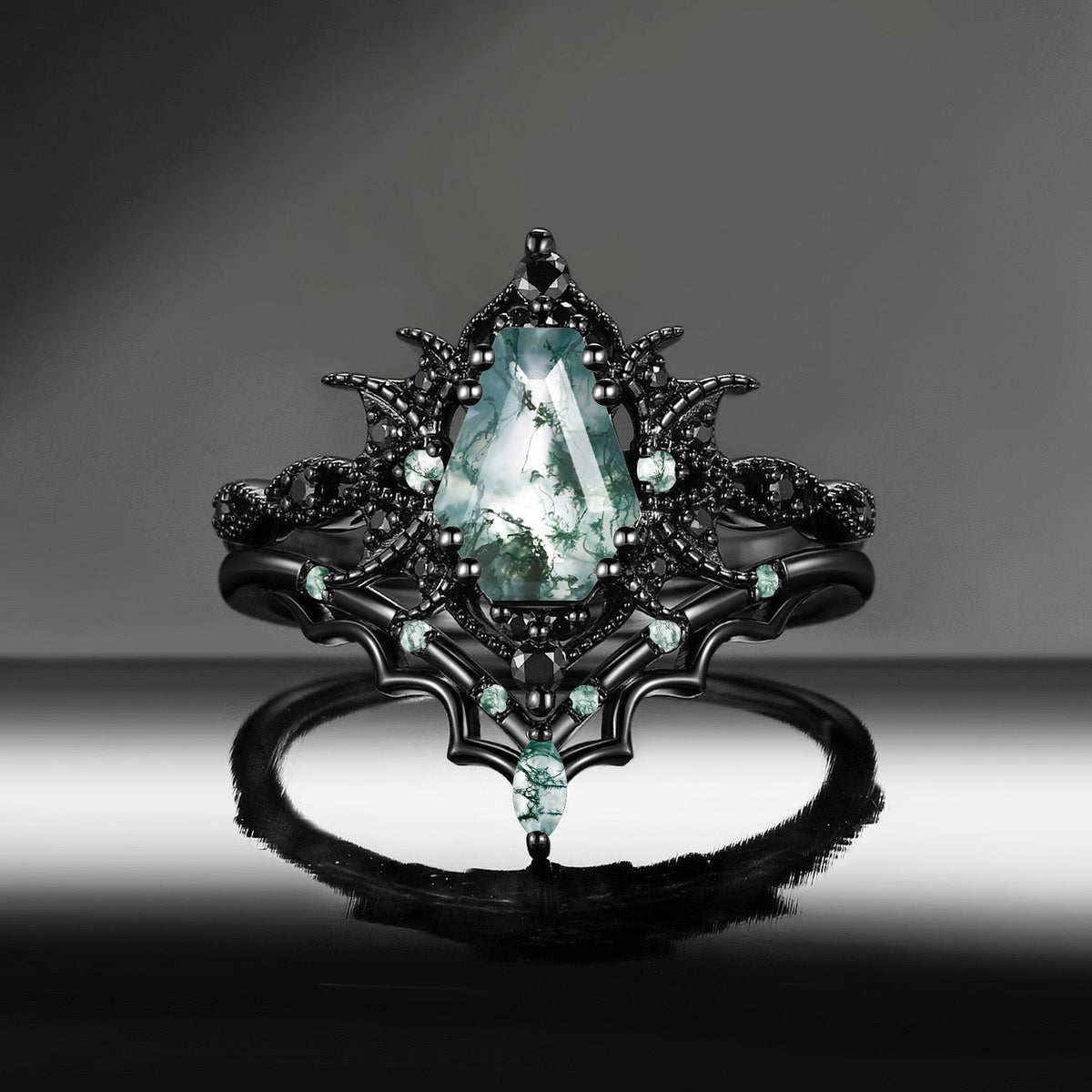 'Bat Romance' - Gothic Coffin Cut Amethyst Milgrain Engagement Ring Set in Black Gold
