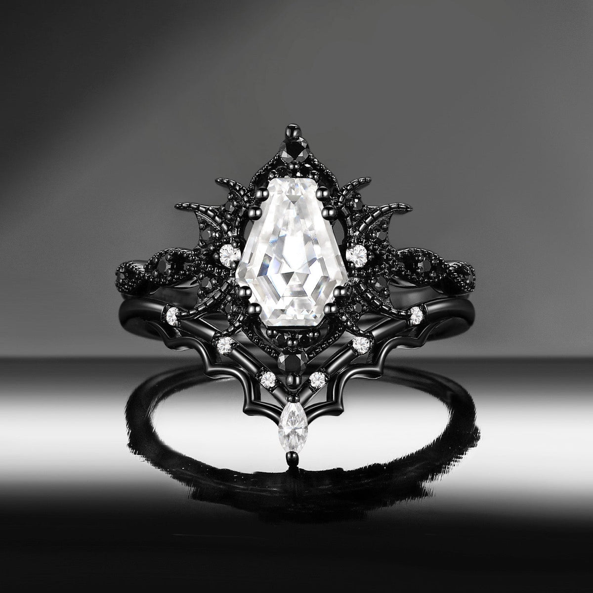 'Bat Romance' - Gothic Coffin Cut Garnet Engagement Ring Set with Bat Wing Milgrain in Black Gold-Bat Ring