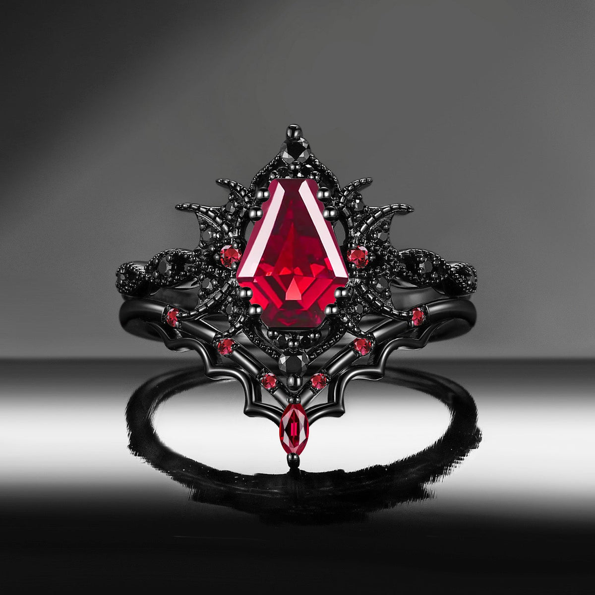 'Bat Romance' - Gothic Coffin Cut Garnet Engagement Ring Set with Bat Wing Milgrain in Black Gold-Bat Ring
