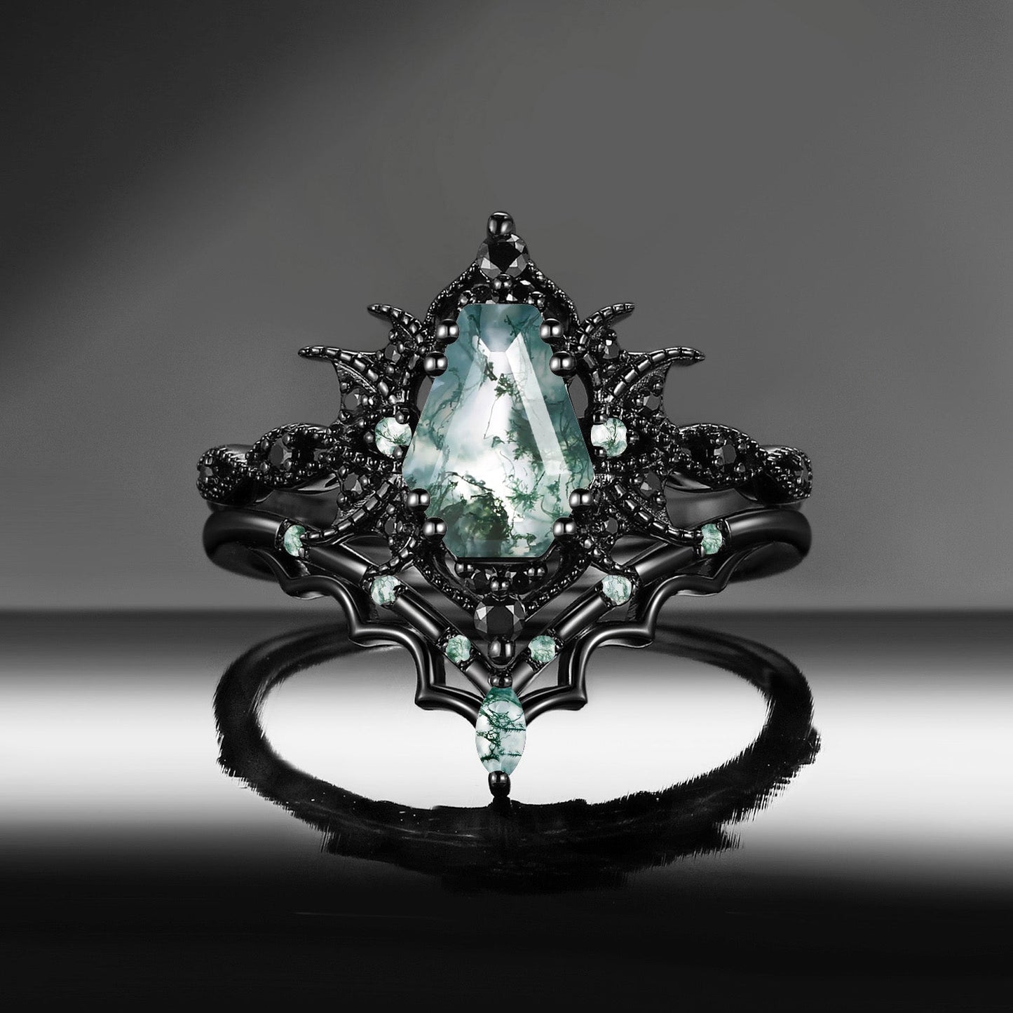 'Bat Romance' - Gothic Coffin Cut Garnet Engagement Ring Set with Bat Wing Milgrain in Black Gold-Bat Ring