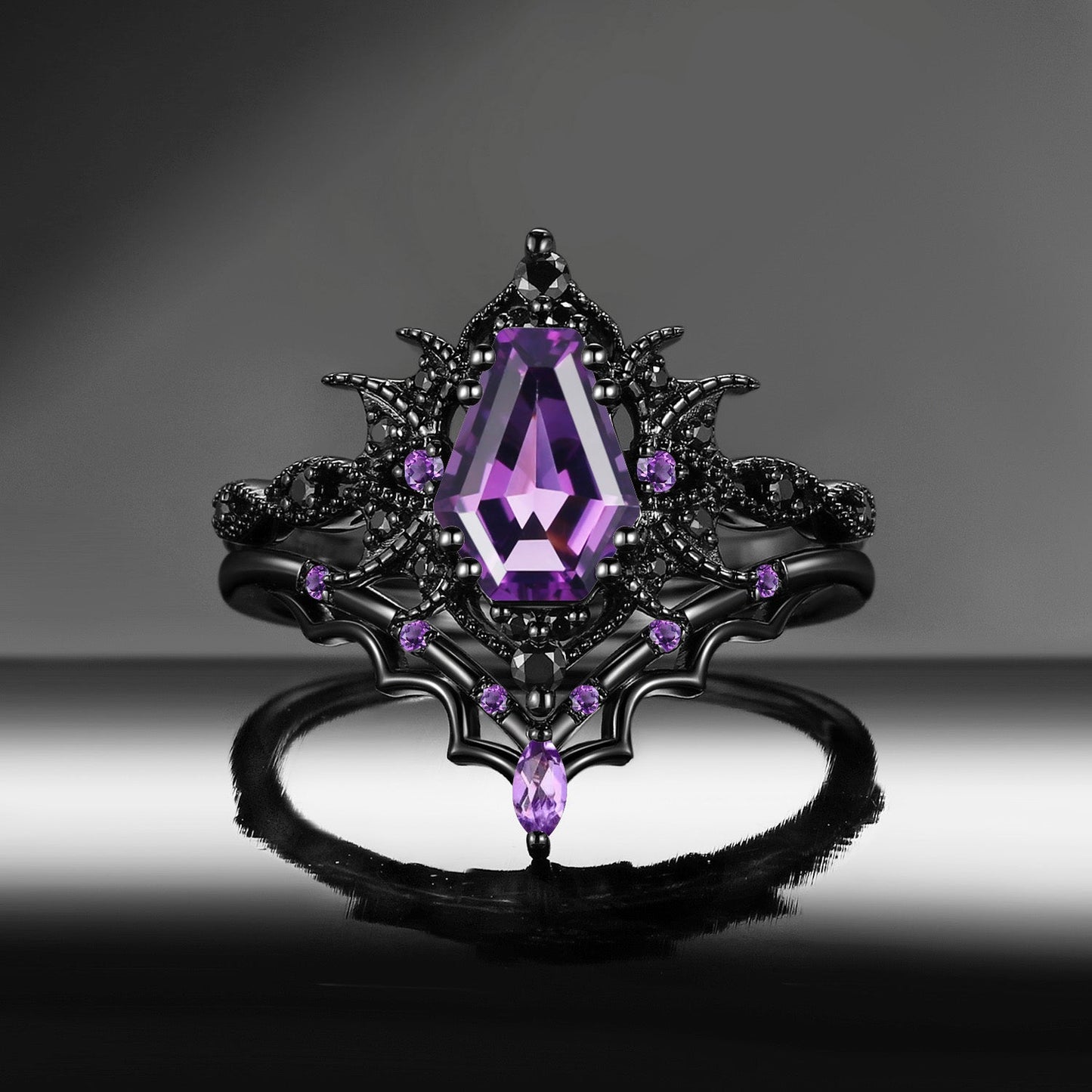 'Bat Romance' - Gothic Coffin Cut Garnet Engagement Ring Set with Bat Wing Milgrain in Black Gold-Bat Ring