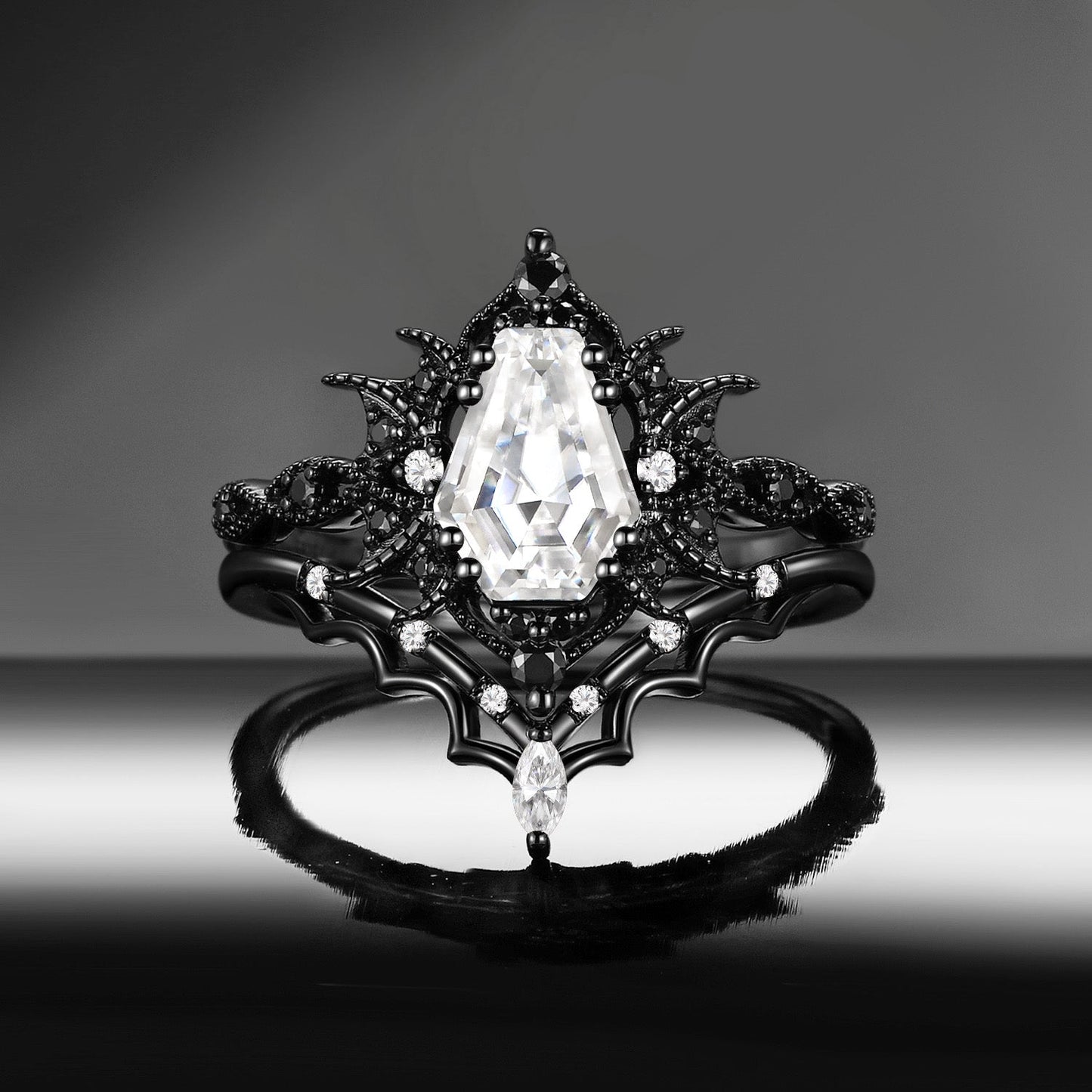 'Bat Romance' - Gothic Coffin Cut Amethyst Milgrain Engagement Ring Set in Black Gold