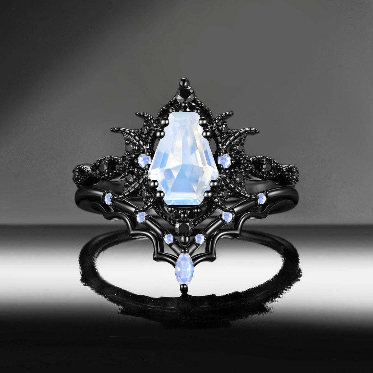 'Bat Romance' - Gothic Coffin Cut Garnet Engagement Ring Set with Bat Wing Milgrain in Black Gold-Bat Ring
