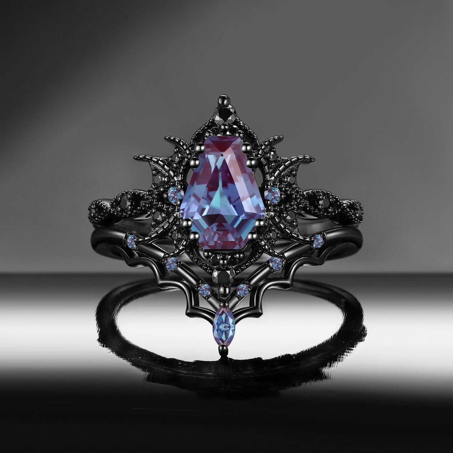 'Bat Romance' - Gothic Coffin Cut Amethyst Milgrain Engagement Ring Set in Black Gold