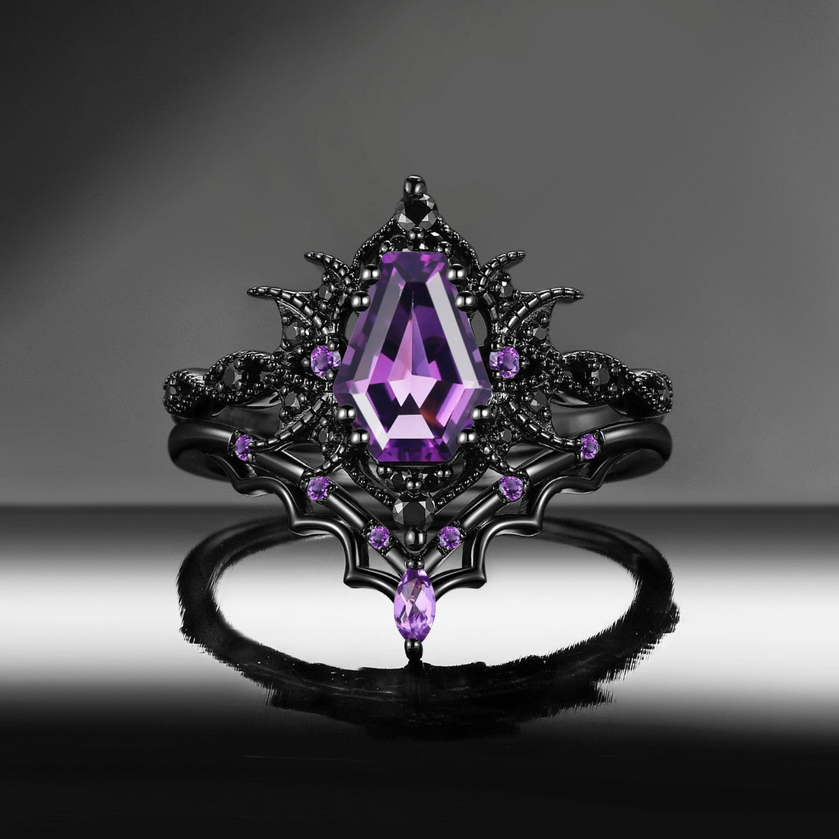 'Bat Romance' - Gothic Coffin Cut Amethyst Milgrain Engagement Ring Set in Black Gold