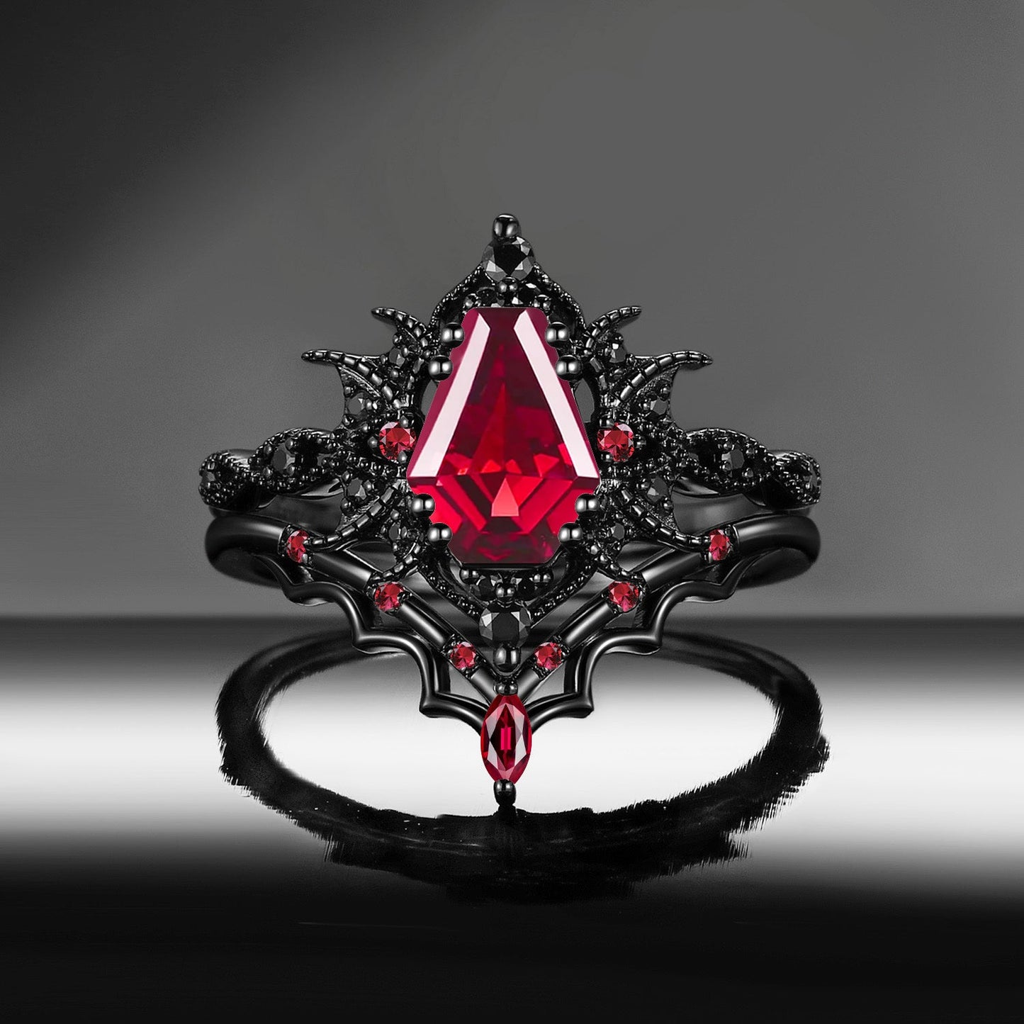 'Bat Romance' - Gothic Coffin Cut Amethyst Milgrain Engagement Ring Set in Black Gold