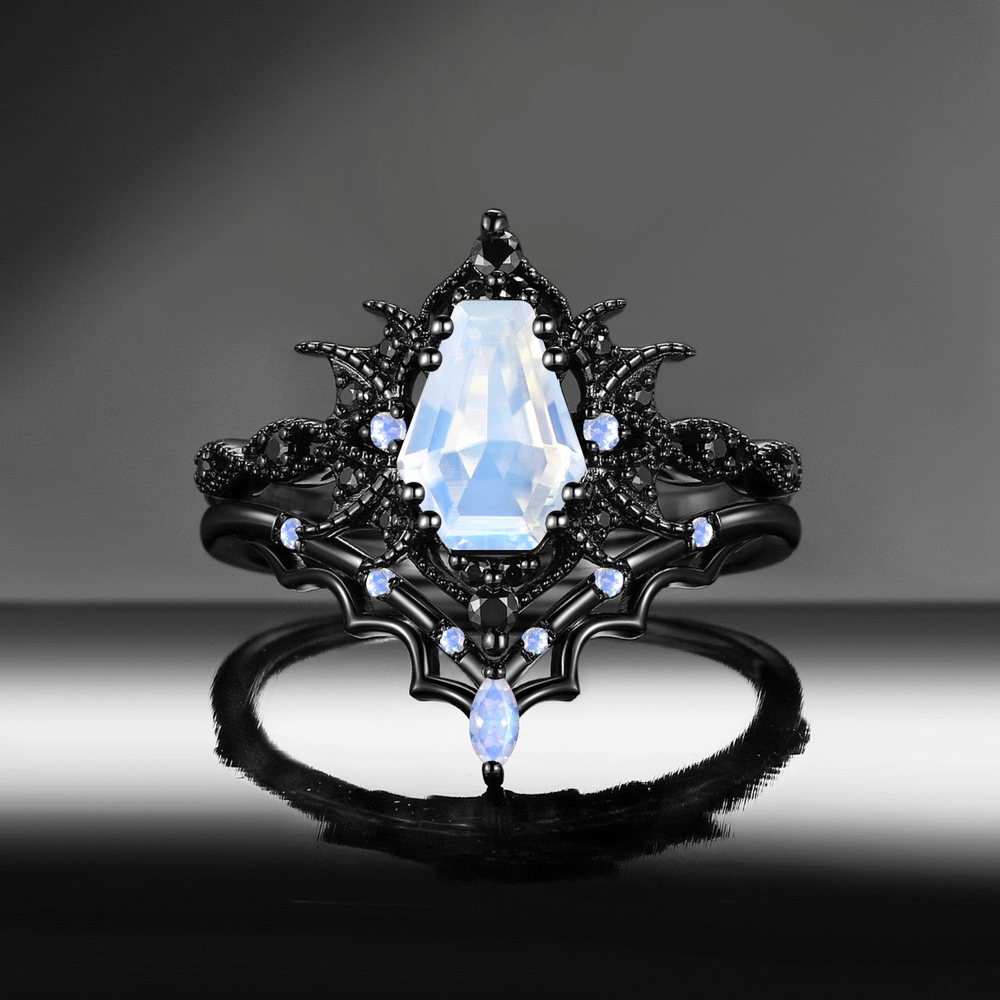 'Bat Romance' - Gothic Coffin Cut Amethyst Milgrain Engagement Ring Set in Black Gold