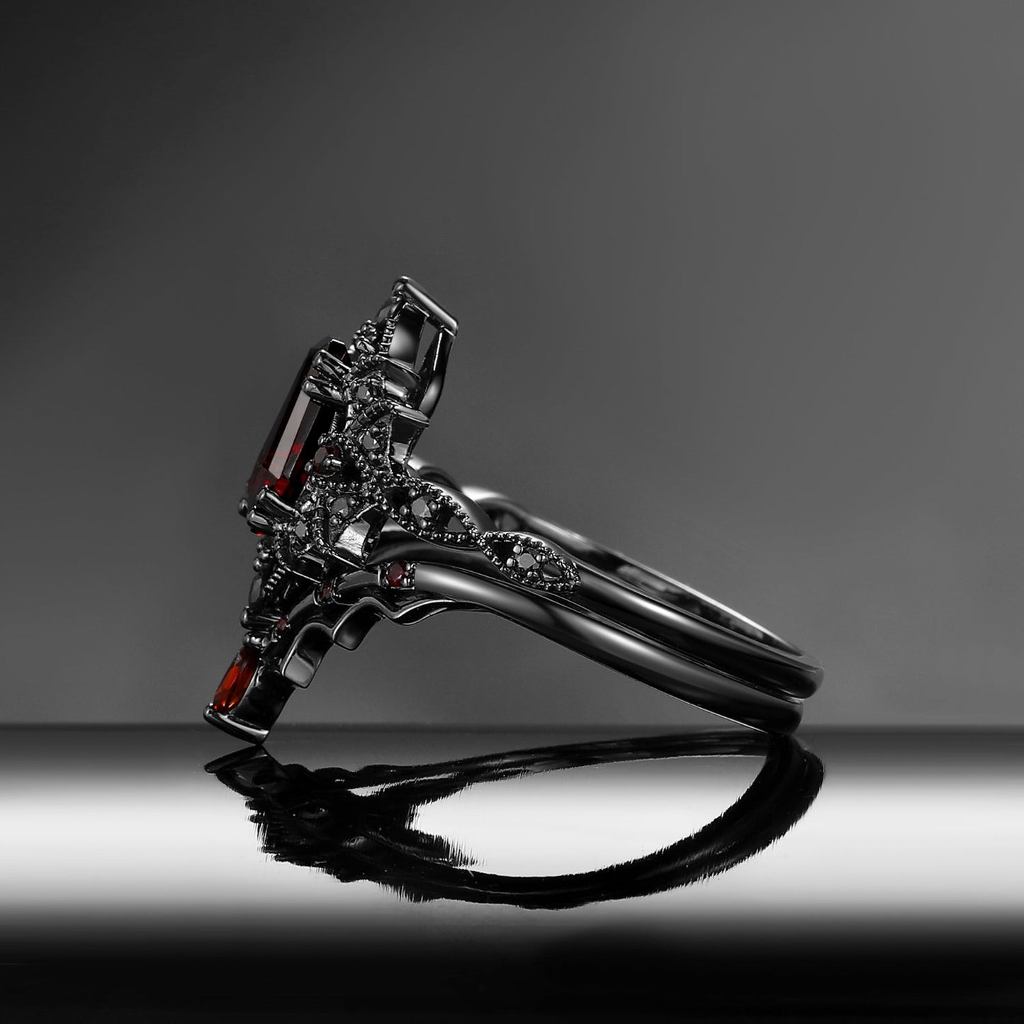 'Bat Romance' - Gothic Coffin Cut Garnet Engagement Ring Set with Bat Wing Milgrain in Black Gold-Bat Ring