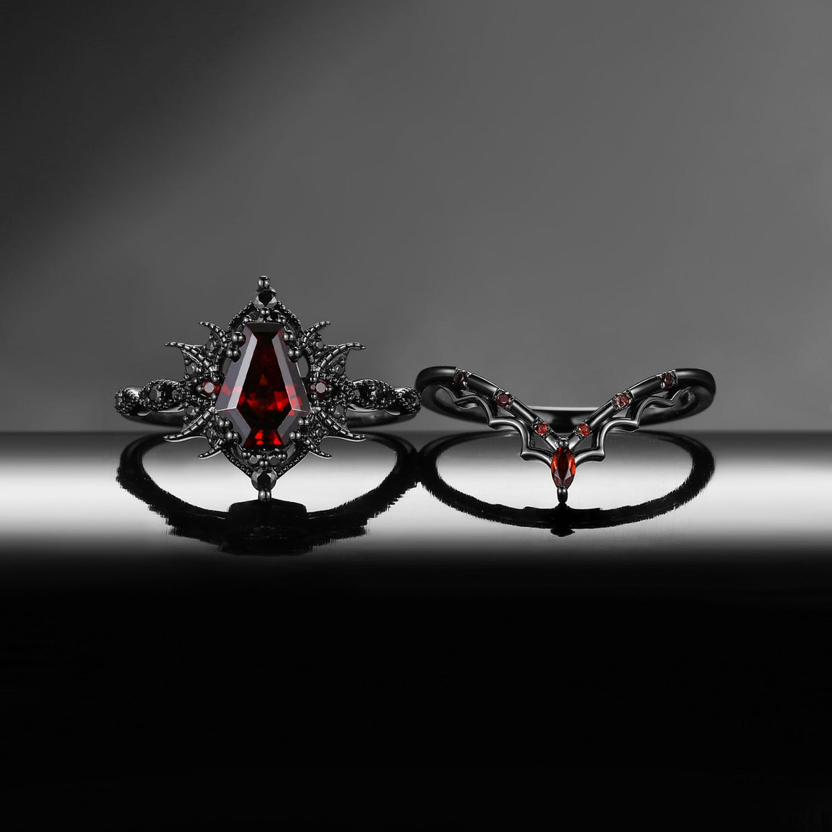 'Bat Romance' - Gothic Coffin Cut Garnet Engagement Ring Set with Bat Wing Milgrain in Black Gold-Bat Ring