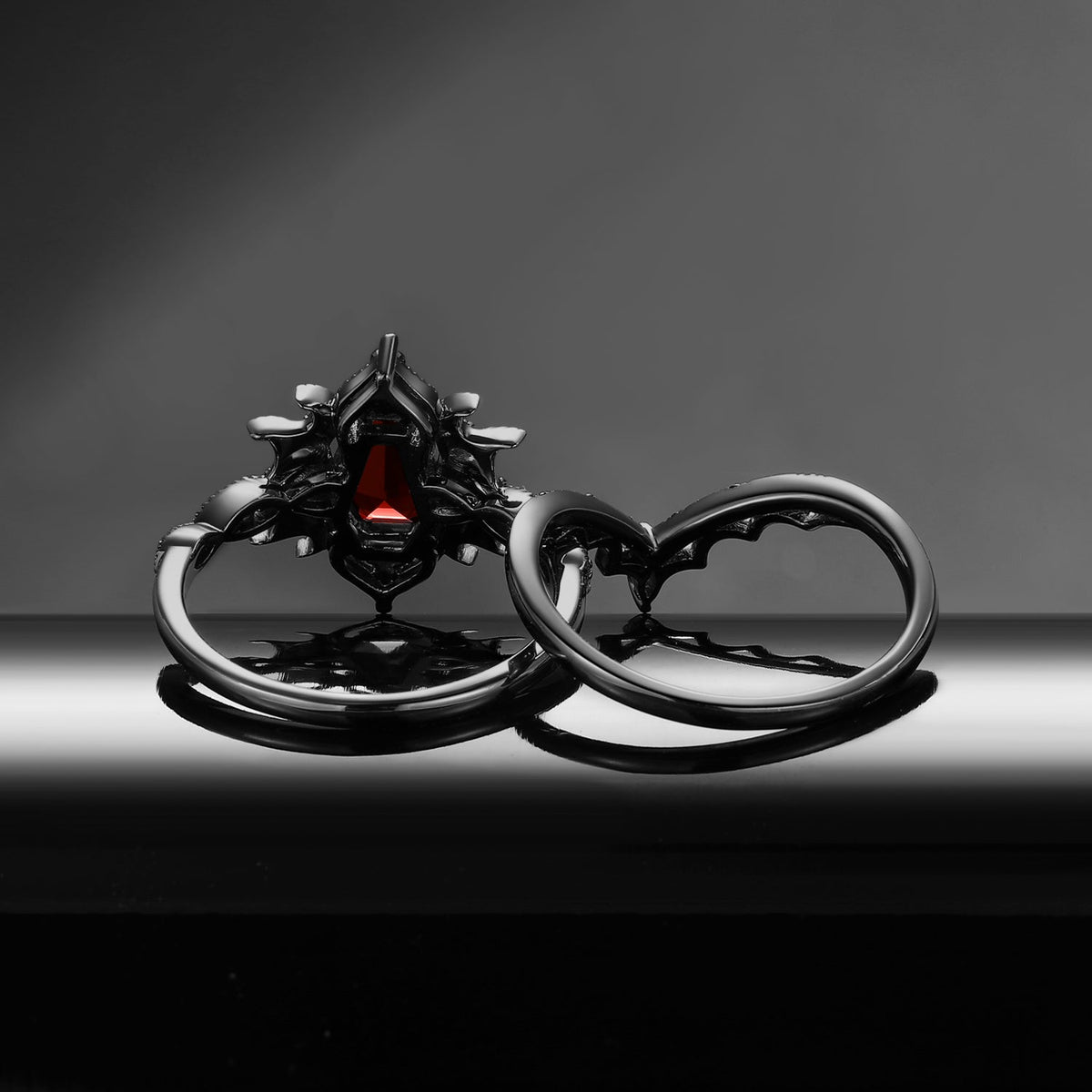 'Bat Romance' - Gothic Coffin Cut Garnet Engagement Ring Set with Bat Wing Milgrain in Black Gold-Bat Ring