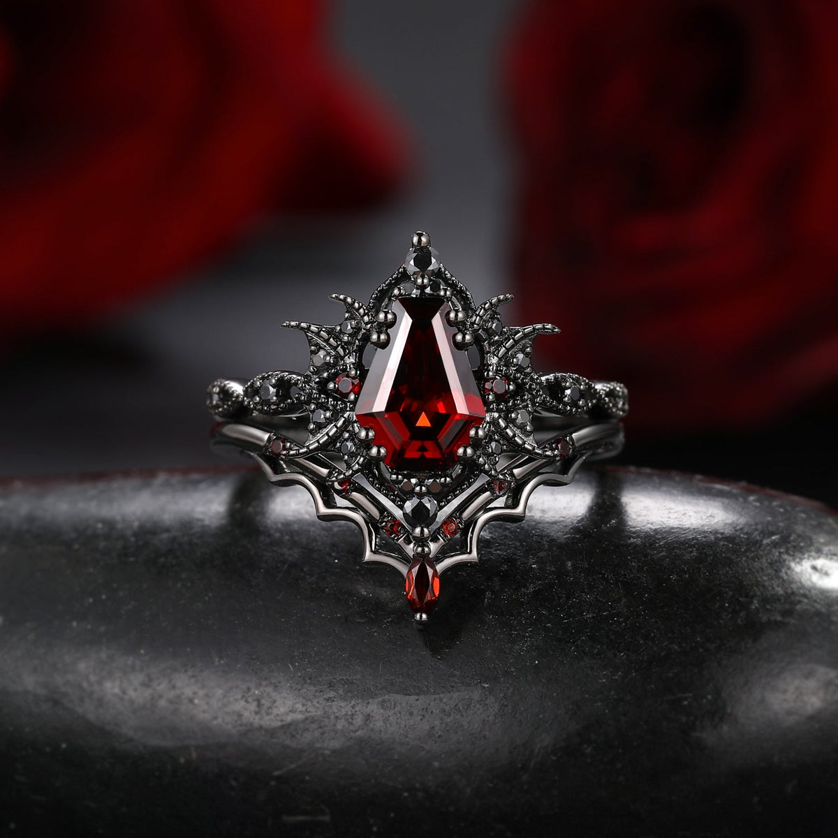 'Bat Romance' - Gothic Coffin Cut Garnet Engagement Ring Set with Bat Wing Milgrain in Black Gold-Bat Ring